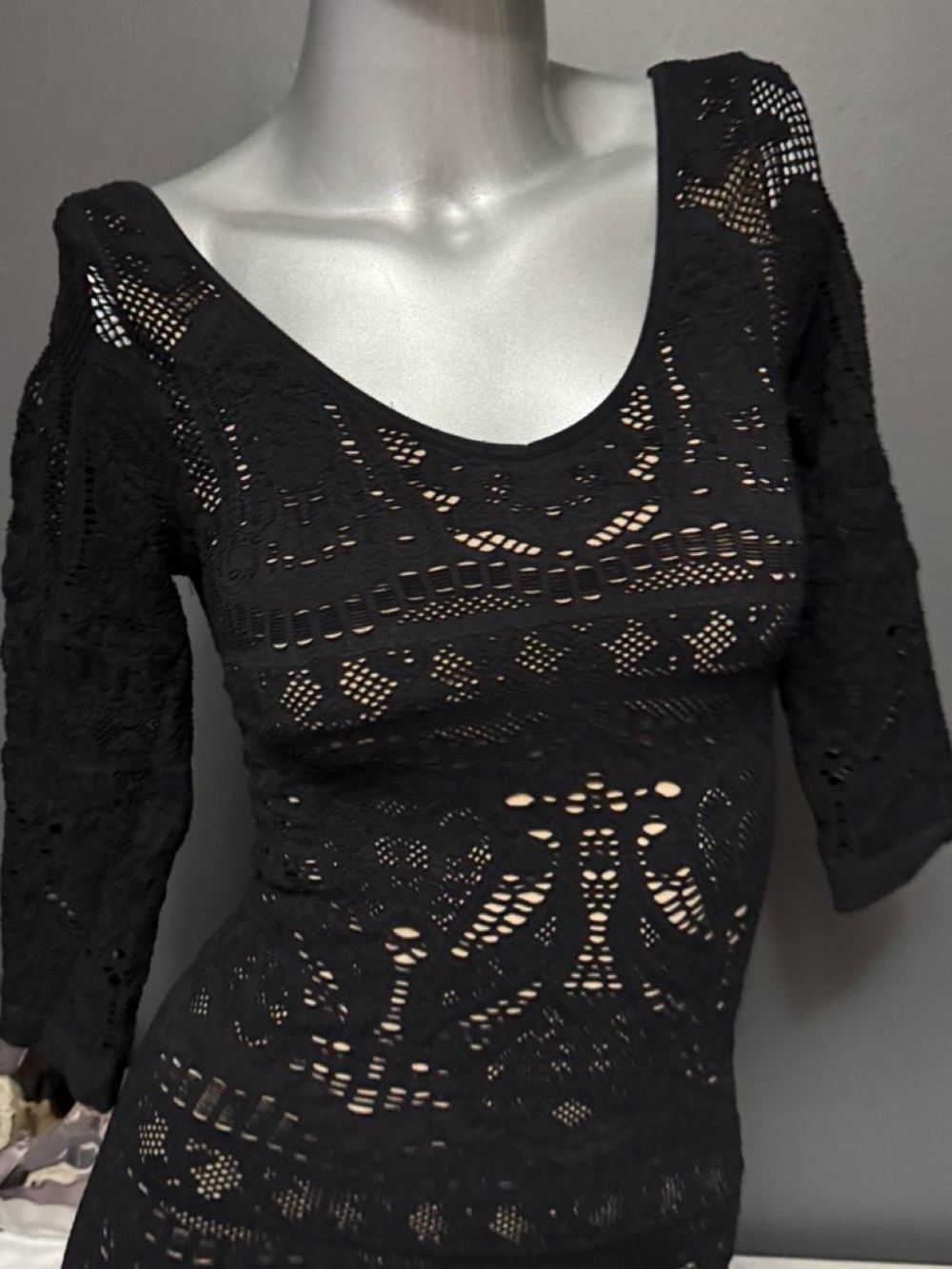 Y2K Bebe black lace mini dress with floral and geometric cut-out design - Picture 2 of 5